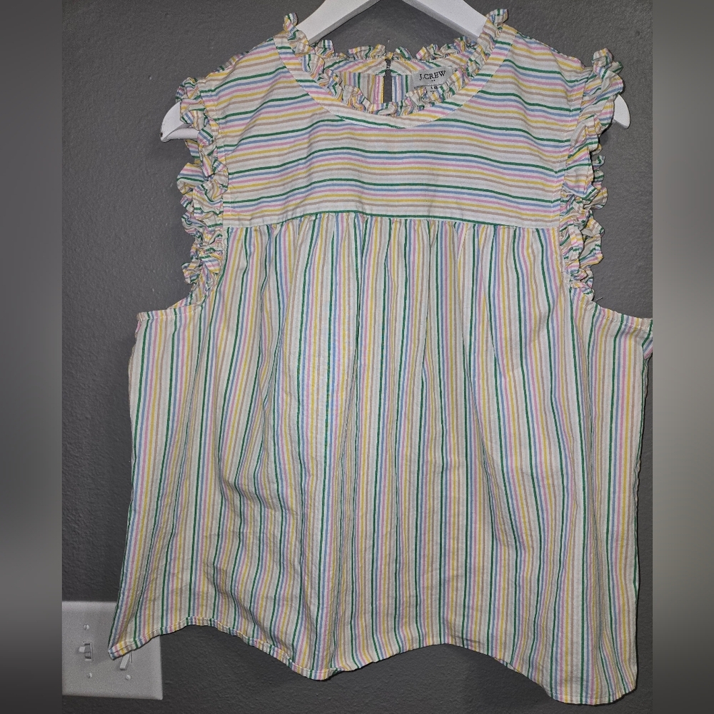 J Crew Factory Multi Color Pinstripe Ruffle Blouse Size 18 - Picture 2 of 15